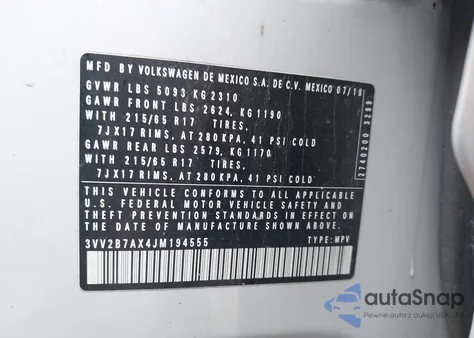 2018 Volkswagen Tiguan 2.0T Se/2.0T Sel из США, поврежденный, VIN 3VV2B7AX4JM194555